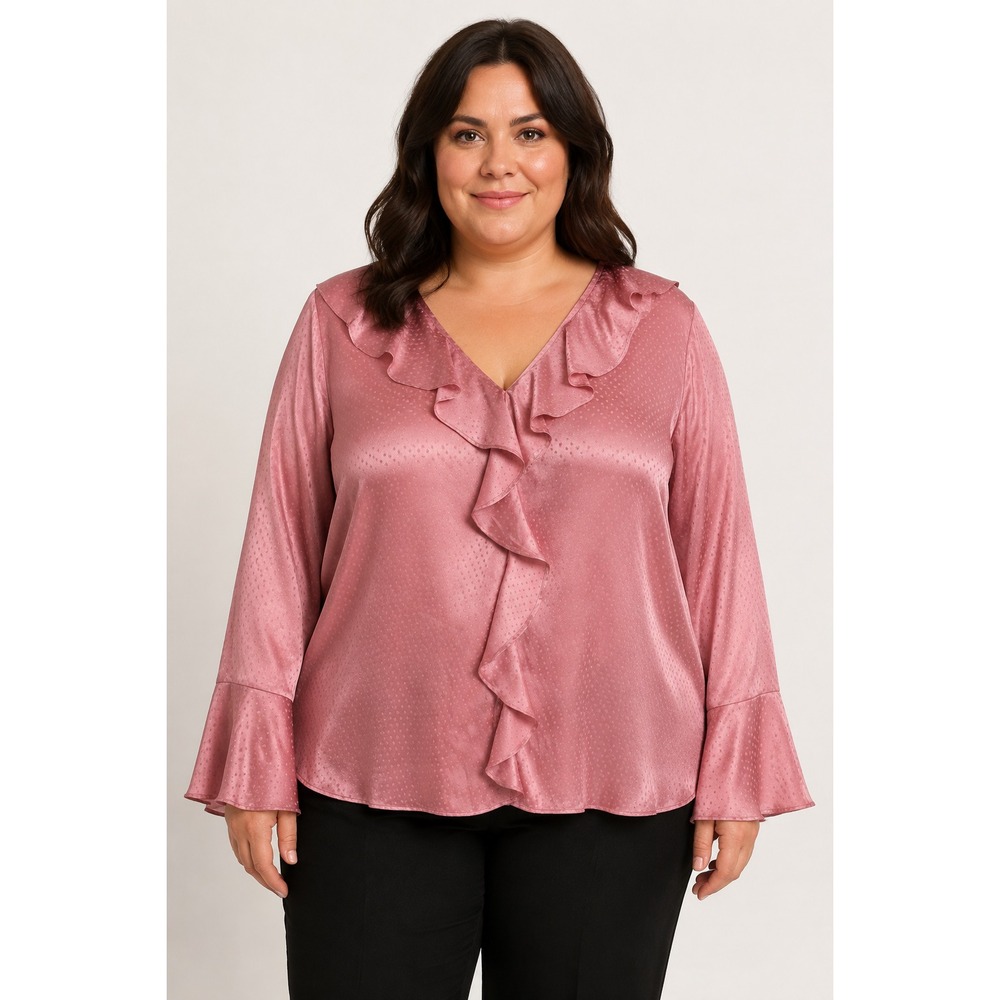 Investments Riley Women's PXL Pink Satin Ruffle V-Neck Long Sleeve Blouse